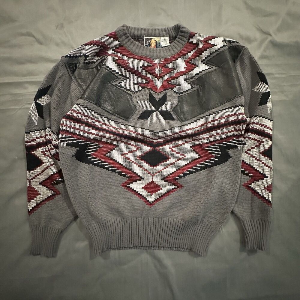 Vintage 90s Classic Elegance Sweater Leather Panel Geometric Aztec Southwestern